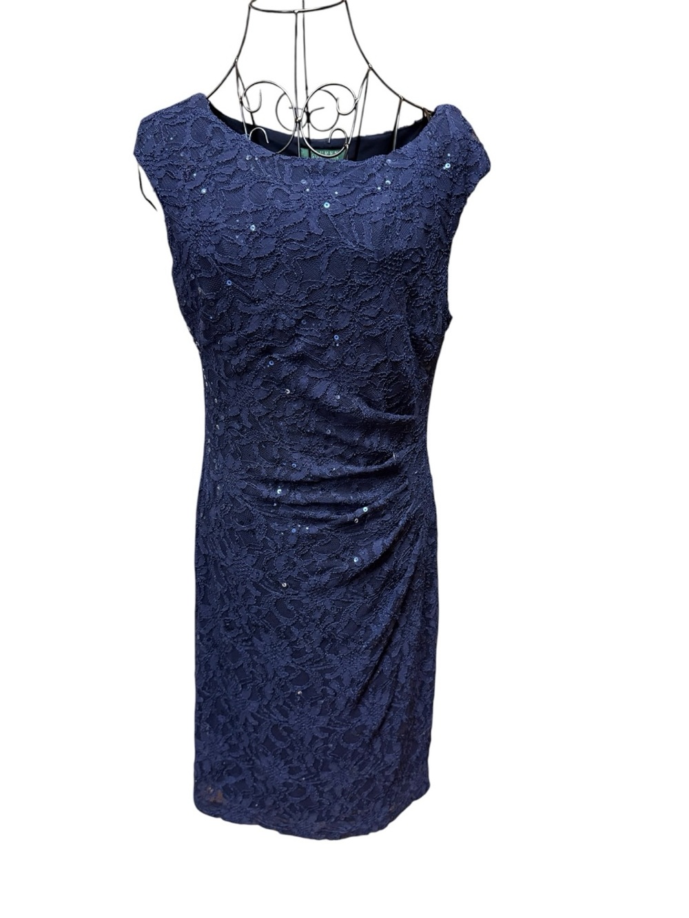 Ralph Lauren Navy Lace Sheath Cocktail Holiday Dress with Sequin Accents